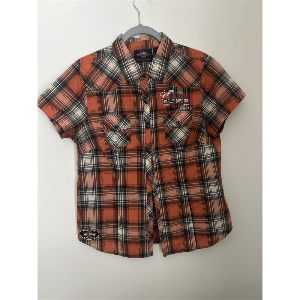 Harley-Davidson Orange Black Plaid Snap Butttons Rhinestone Women's Large